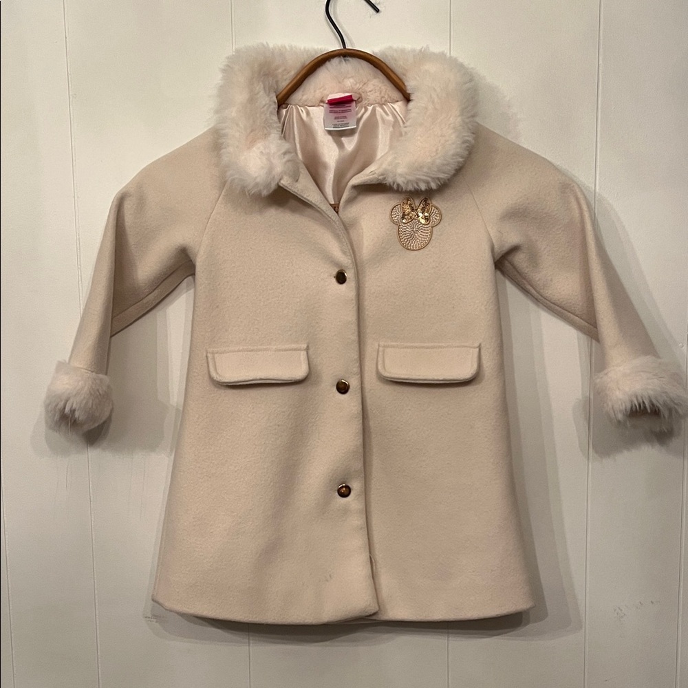 Disney Cream Faux-Fur Trim Girls Pea Coat with Gold Minnie Emblem 4T